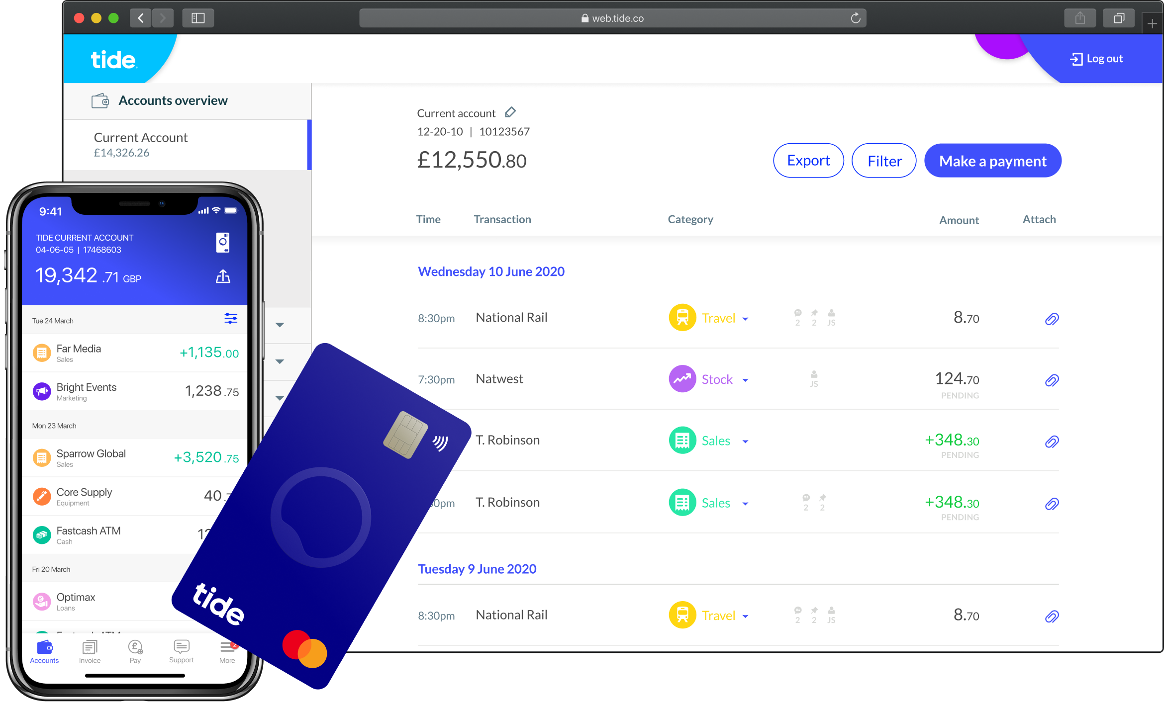 Tide business current account on web, mobile app and card
